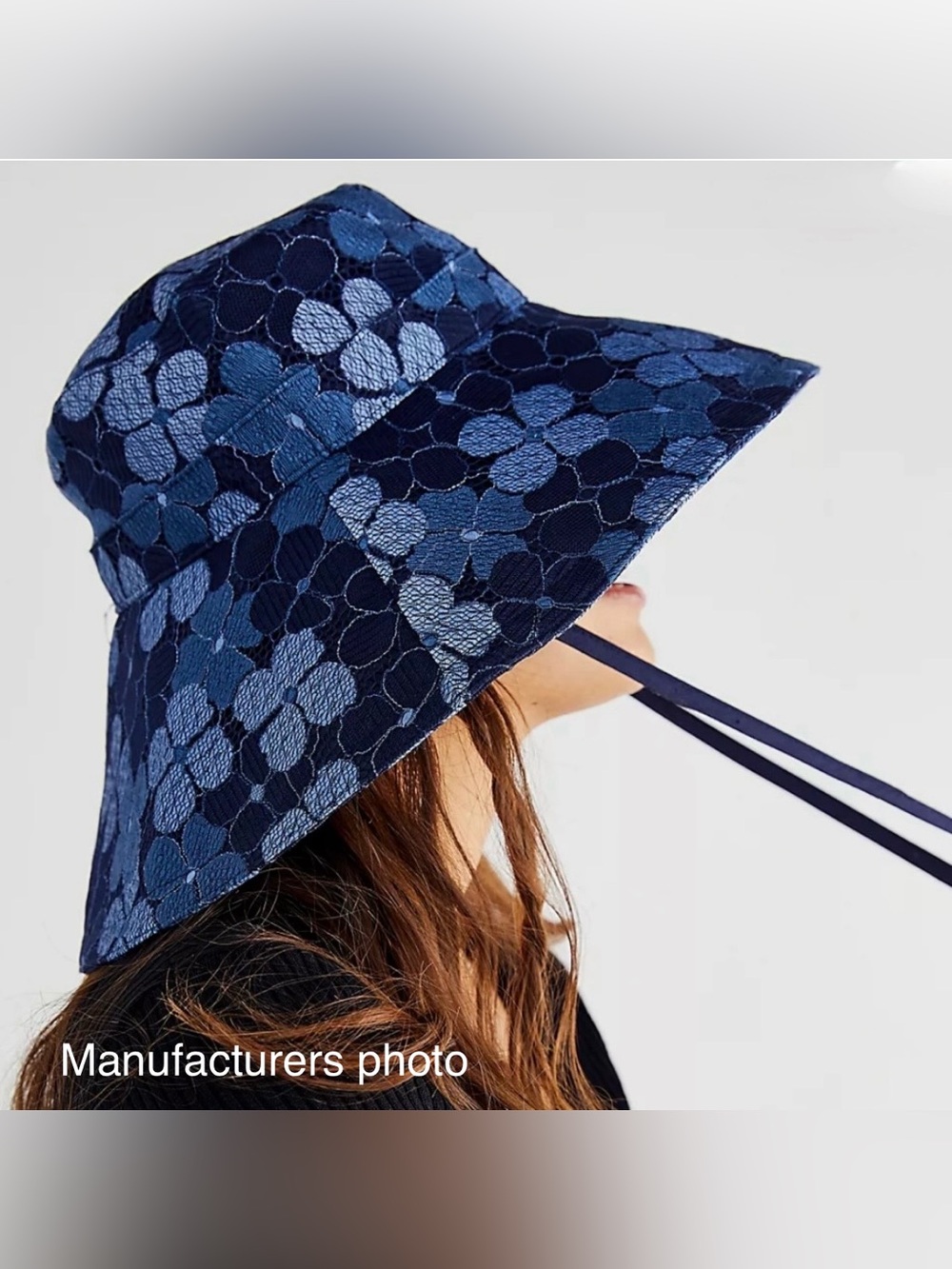 Free People “Molly” Navy Floral Classic Summer Bucket Hat, One Size